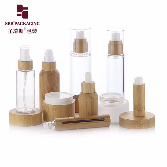 Bamboo 15ml 30ml 50ml Packaging Cream Serum PET lotion Airless Cosmetic Amber Glass pump Inner plastic Dropper roll on roller Essential Oil Perfume Spray Bottle