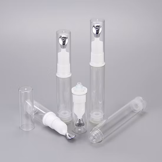 Flacone senz'aria per crema per gli occhi in plastica trasparente San a doppia parete da 7,5 ml 10 ml 15 ml con applicatore in lega di zinco per anti